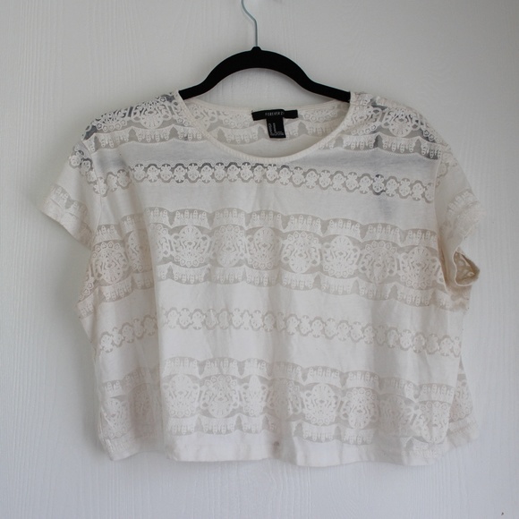 Forever 21 White Lace Overlay Crop Top Loose Fit - Picture 1 of 8